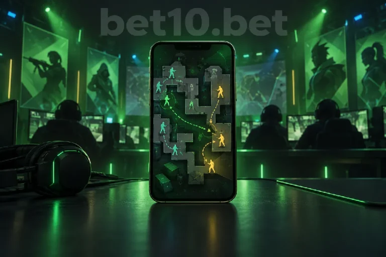 Koyu yeşil oyun masasında Valorant temalı taktik haritası gösteren telefon, bet10 bet aramasıyla e-spor bilgisi arayanlara yönelik rehberin konusunu betimliyor.
