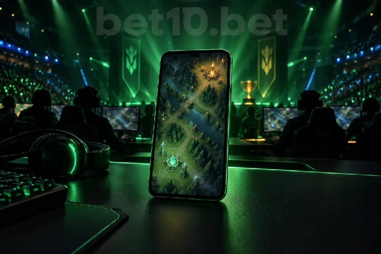 Koyu zeminde yeşil ışıkla aydınlatılan telefon ve oyun masası, bet10 sports rehberinin Dota 2 e-spor temasını yansıtıyor.
