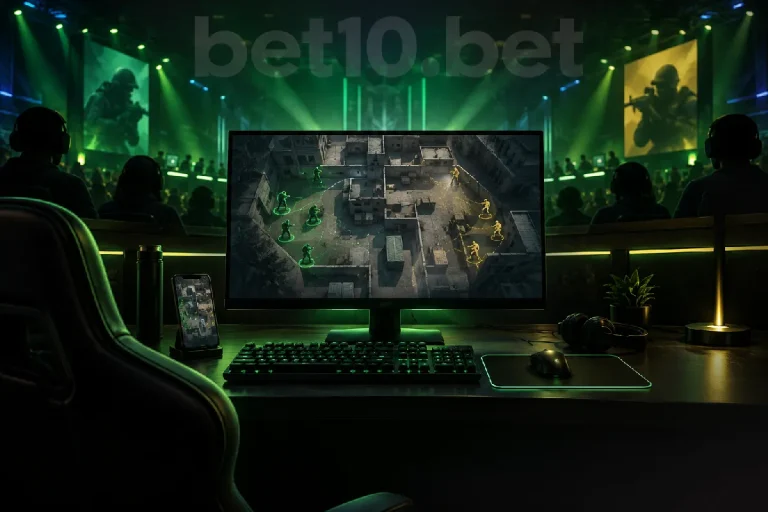 Koyu zeminde yeşil ışıkla aydınlanan oyun masası ve taktik harita ekranı, CS2 esports karşılaşmalarının incelenmesini betimliyor.