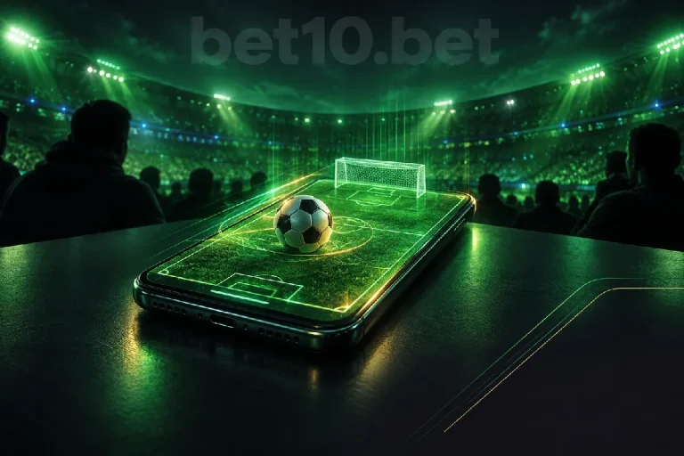 Koyu yeşil zeminde ışıklı bir telefon ekranından yükselen dijital futbol sahası ve top, spor rehberinin e-spor ve sanal futbol konusunu betimliyor.