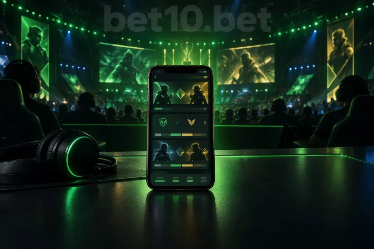 Koyu zemin ve yeşil ışıklarla çevrili oyun masasındaki telefon, bets10 bahis bölümünde e-spor karşılaşmalarını inceleme konusunu temsil ediyor.
