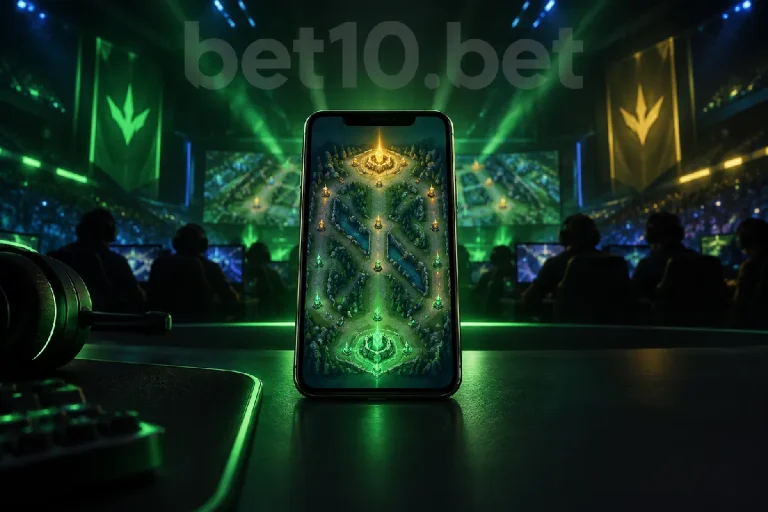 Koyu yeşil oyun masasında League of Legends temalı strateji haritası gösteren telefon, bets10 bahis sitesi e-spor rehberinin kapak görselinde yer alıyor.