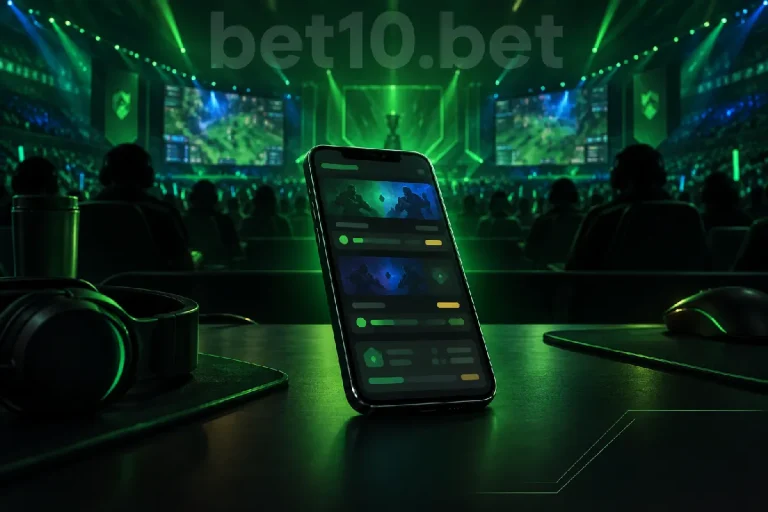 Koyu yeşil ışıklı e-spor ortamının merkezindeki akıllı telefon, bets10 mobil üzerinden karşılaşma takibi temasını yansıtıyor.