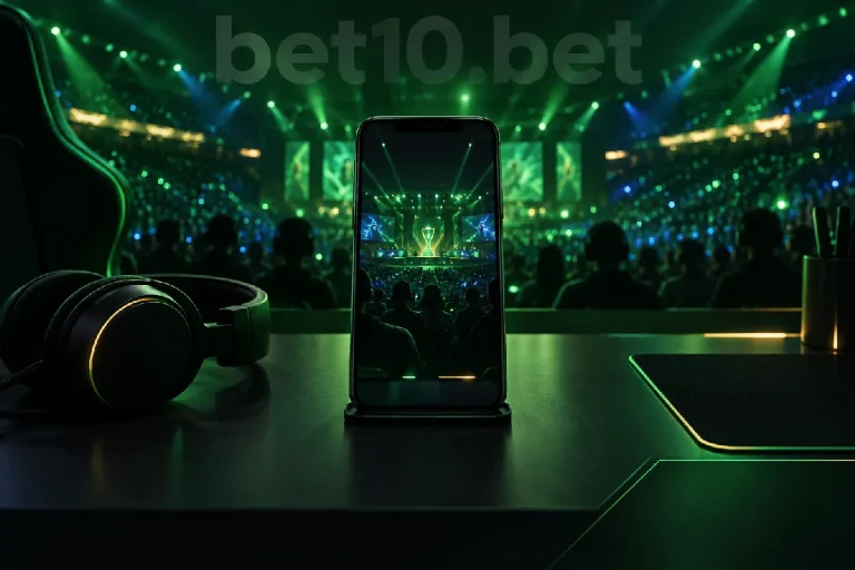 Koyu yeşil oyun masasında e-spor karşılaşmasını gösteren telefon ve kulaklık, bets10 tv yayın takibi konusunu betimliyor.